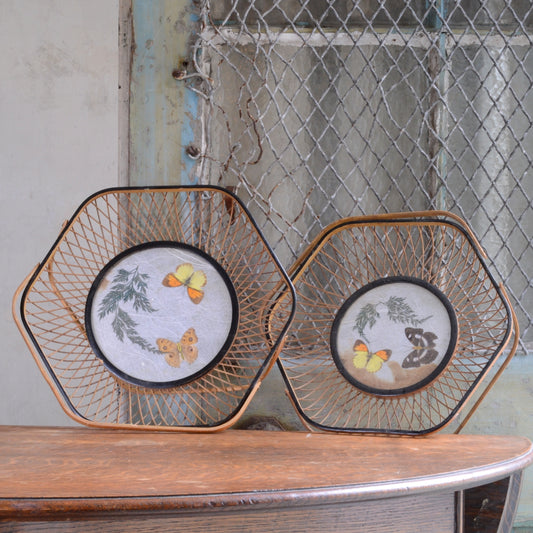 Pair Mid-Century Rattan baskets with Butterflies