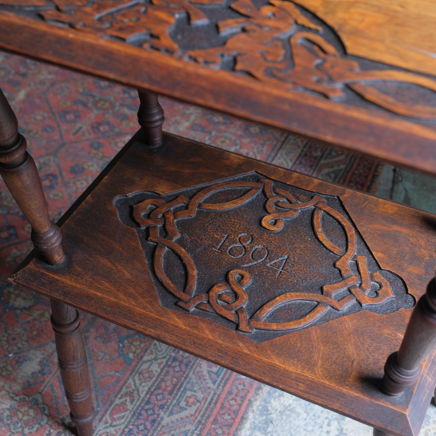 Oak arts and crafts side table - Celtic knots