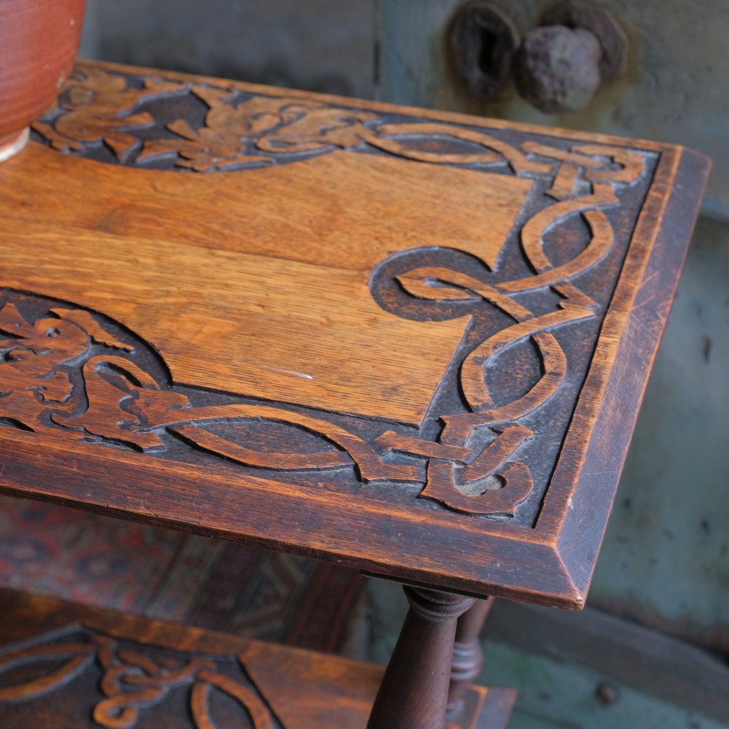 Oak arts and crafts side table - Celtic knots