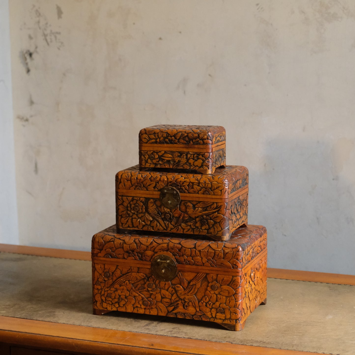 Set of Three Hand-Carved Boxes