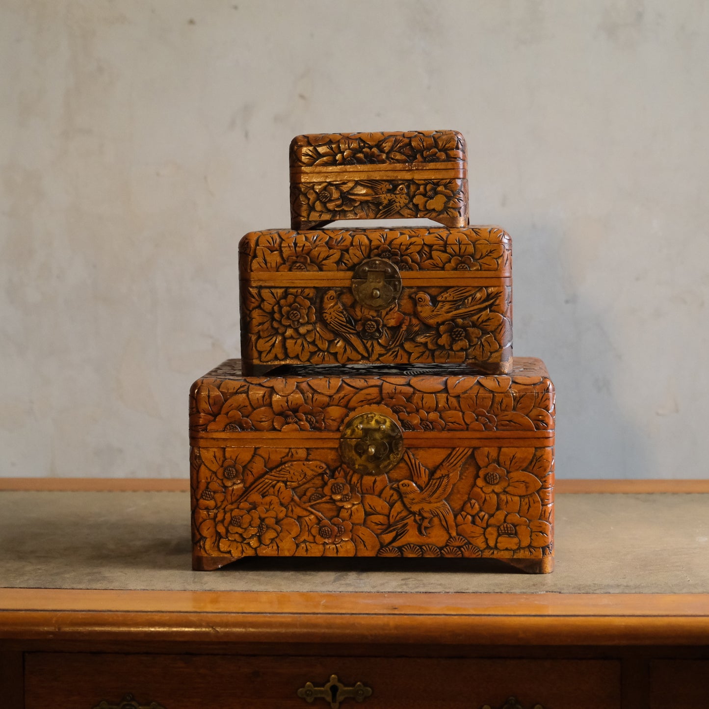 Set of Three Hand-Carved Boxes
