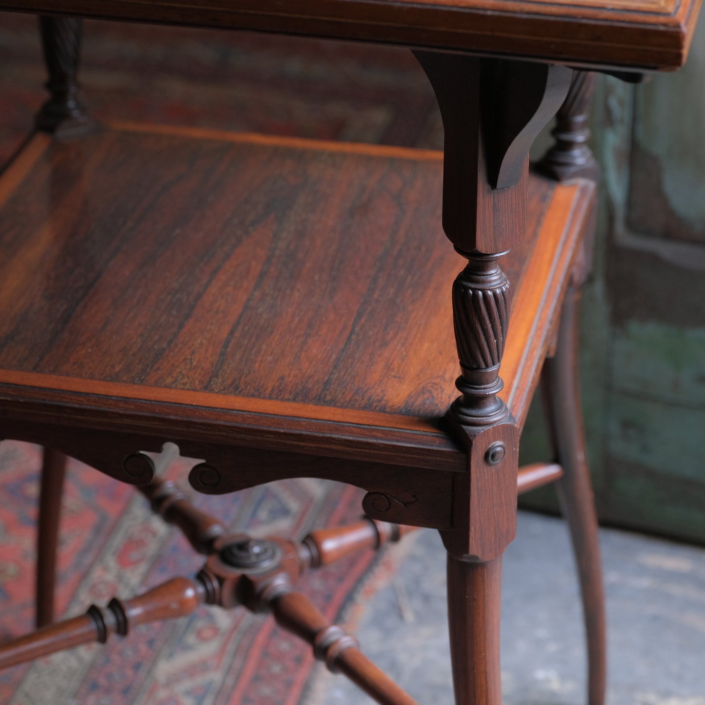 Mahogany side lamp table - embroidery under glass